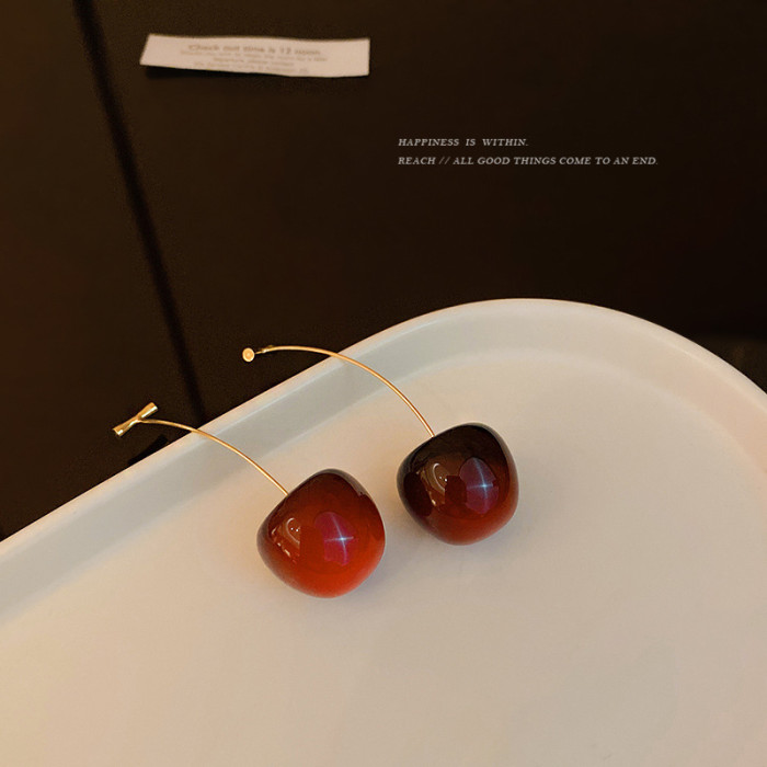 New Cute Simulation Red Cherry Earrings Sweet Resin Hot Sale Gold Color For Women Girl Student Fruit 1Pair Earring Gift
