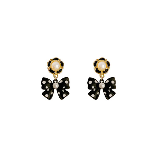Black and White Polka Dot Bow Earrings Long Style for Women Elegant Temperament Statement Earrings