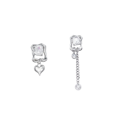 Titanium Steel Drop Earrings Zircon Chain Geometric Square Brand Asymmetric Long Short Heart Earrings for Women Jewelry