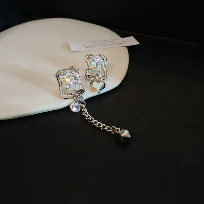 Titanium Steel Drop Earrings Zircon Chain Geometric Square Brand Asymmetric Long Short Heart Earrings for Women Jewelry