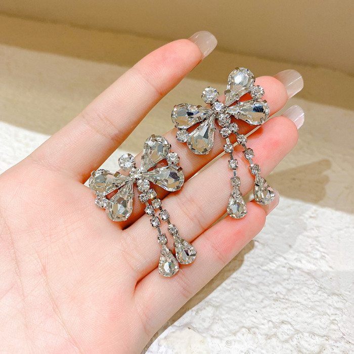 Fashion Crystal Butterfly Long Tassel Earring Exaggerated Full Rhinestone Hollow Earrings for Women Wholesale