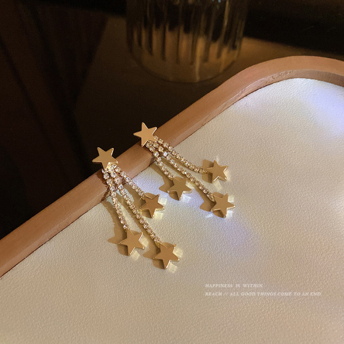 New Korean Crystal Trendy Exquisite Star Long Tassel Dangle Earrings For Women Temperament Crystal Pendant Jewelry