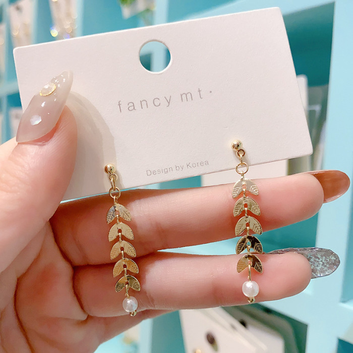Korean Style Gold Color Leaf Pearl Earrings Fashion Glamour Women's Tassel Earrings Friends Gathering Female Jewelry Gifts