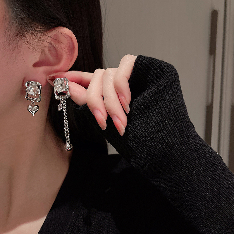 Titanium Steel Drop Earrings Zircon Chain Geometric Square Brand Asymmetric Long Short Heart Earrings for Women Jewelry
