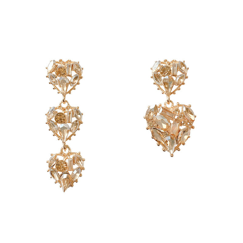 Baroque Full Diamond Love Earrings Asymmetric Long Exaggerated Temperament Luxury Jewelry