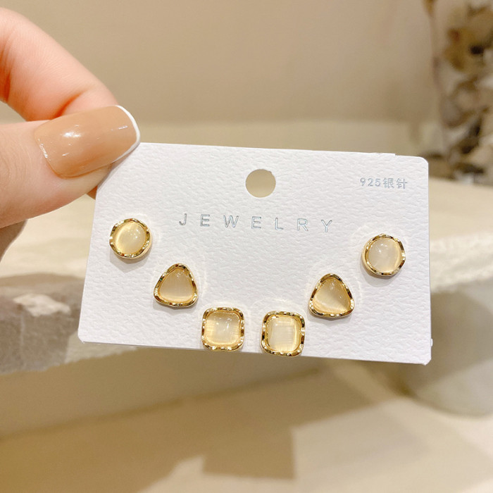 Korean Version Of Three Pairs Of Opal Small Earrings Set Simple Everyday Geometric Earrings Elegant Sweet Cute Ear Jewelry