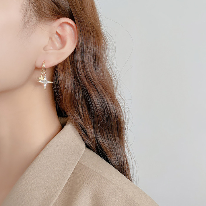 Korean Classic Four Pointed Star Earrings Women's Glittering Fashion Star Earhook Ear Jewelry Crystal Zircon Earrings