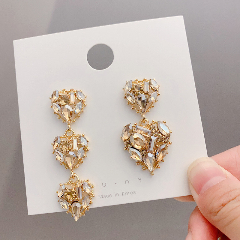 Baroque Full Diamond Love Earrings Asymmetric Long Exaggerated Temperament Luxury Jewelry