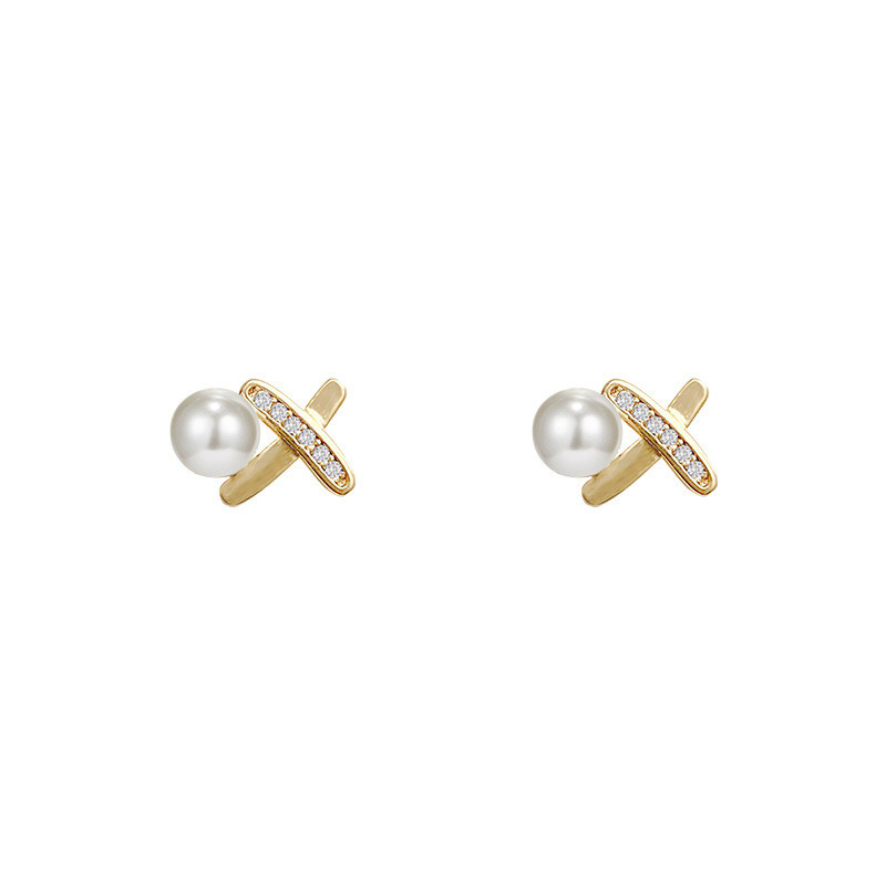 Inlaid Zircon Cross X Shape Pearl Stud Earrings Unique Designer Luxury Jewelry Female Exquisite Gift