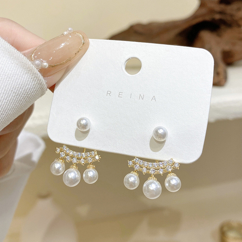 Design Shiny Zircon Pearl Back Hanging Stud Earrings Korean Fashion Jewelry Wedding Girls Luxury Jewelry Women's Accessories