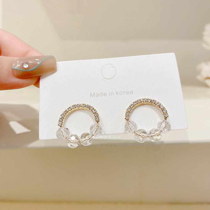 High Quality Round Circle Shape Cubic Zirconia White Crystal Bead Stud Earrings In White Gold Color