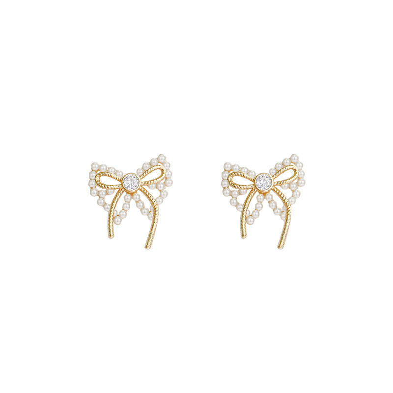 Korean Style Crystal Bow Imitation Pearl Stud Earrings for Women Girls Sweet Statement Butterfly Earring Party Jewelry Gifts