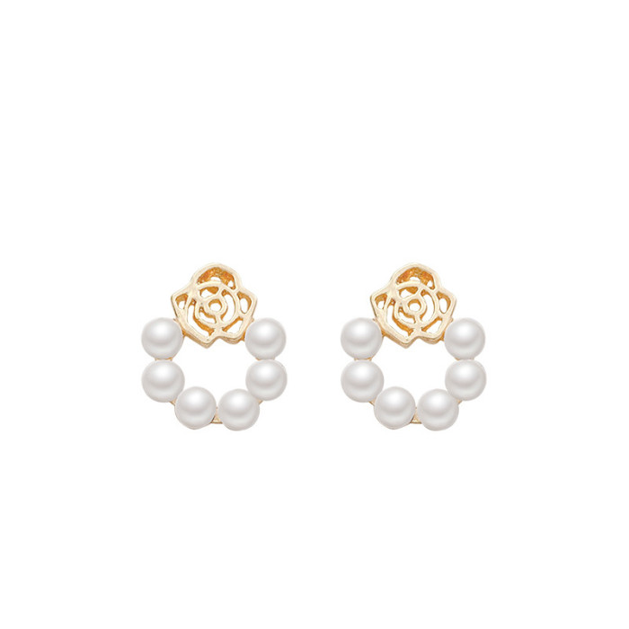 Korean Trendy Elegant Hollow Rose Pearl Round Circle Stud Earrings for Fashion Sweet Cute Jewelry