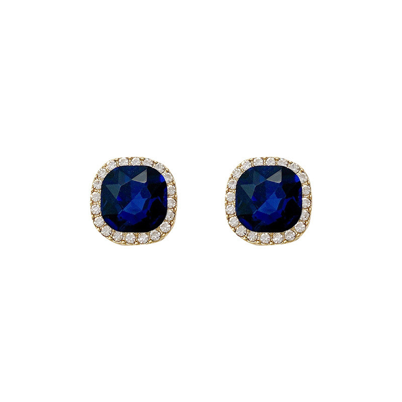 Luxury Female Square Blue Stone Earrings Cute Zircon Double Wedding Earrings Simple Silver Color Stud Earrings For Women