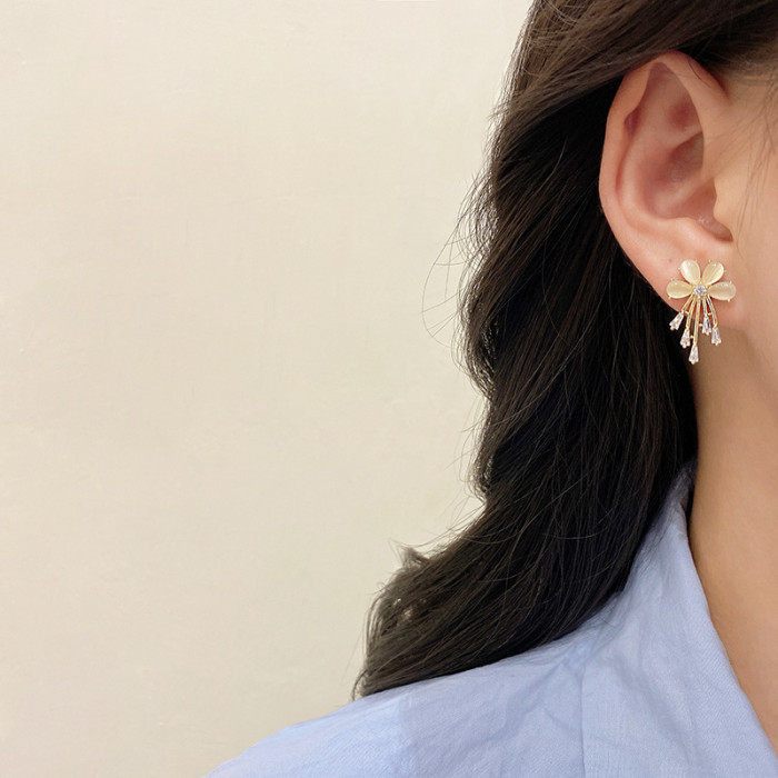 Korean Cute Delicate Opal Flower Stud Earrings For Womene Elegant Pearl Tassel Jewelry Gifts