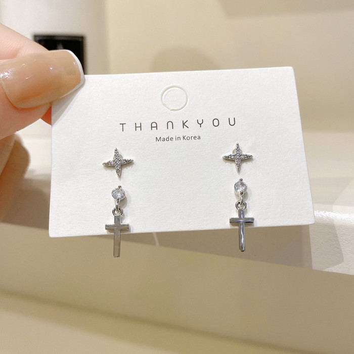Exquisite Zircon Star Cross Creative Sweet Silver Color Fashion Female Stud Earrings 4057