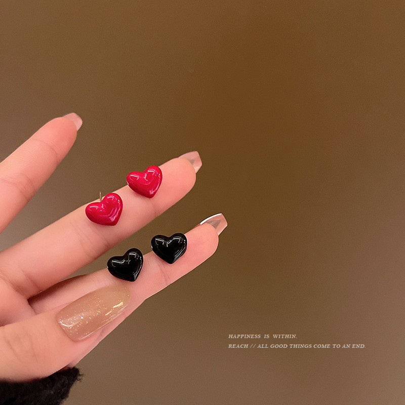 Tiny Red Resin Heart Stud Earrings For Charm Women Wedding Party Fine Jewelry Accessories Gift