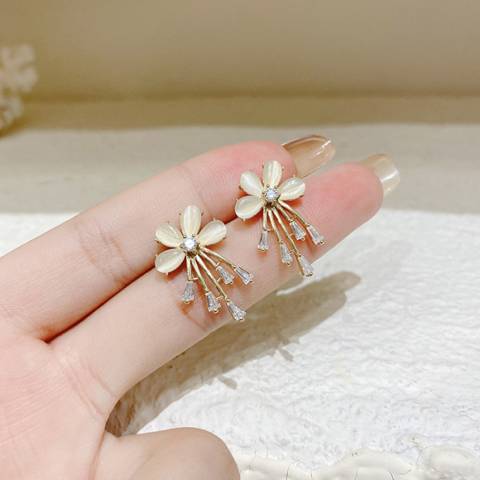 Korean Cute Delicate Opal Flower Stud Earrings For Womene Elegant Pearl Tassel Jewelry Gifts