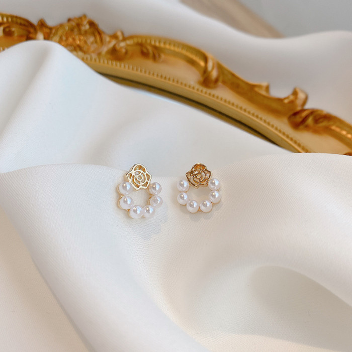 Korean Trendy Elegant Hollow Rose Pearl Round Circle Stud Earrings for Fashion Sweet Cute Jewelry