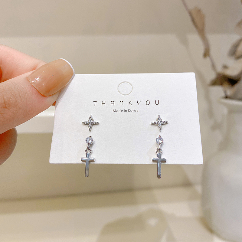 Exquisite Zircon Star Cross Creative Sweet Silver Color Fashion Female Stud Earrings 4057