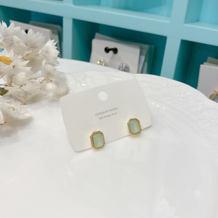 Female Luxury Crystal Square Stud Earrings Vintage Silver Wedding Jewelry White Green Blue Zircon Stone Earrings For Women