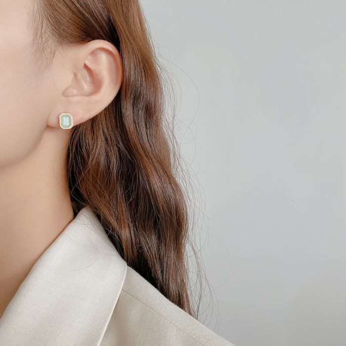 Female Luxury Crystal Square Stud Earrings Vintage Silver Wedding Jewelry White Green Blue Zircon Stone Earrings For Women