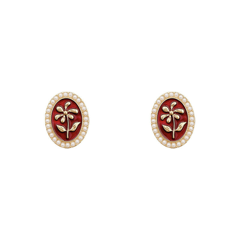 Oval Round Imitation Pearl Flower Stud Earrings For Women Girls Elegant Pearl Beads Red Enamel Earrings Jewelry