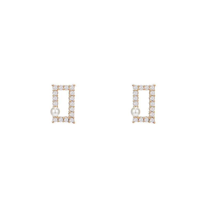 Hollow Zircon Pearl Square Stud Earring for Women Creative Style Party Gift Fashion Jewelry