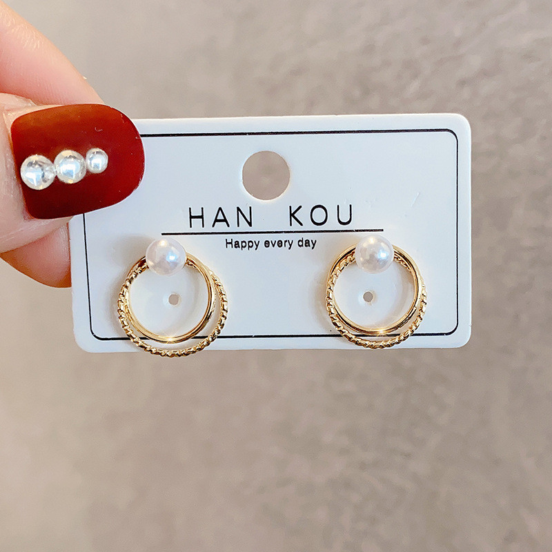 Pearl Double Circle Stud Earrings Korean Fashion Simple Wild Earring for Women Jewelry