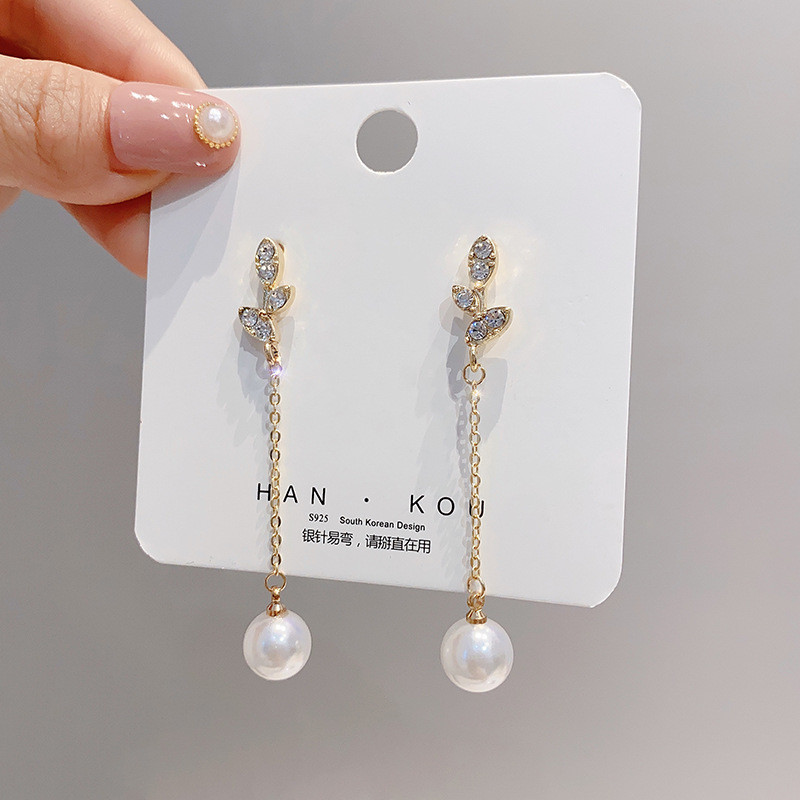 Korean Elegant Rhinestones Leaf Pearl Tassel Drop Earrings Fashion Pendent Earrings for Women Girls Ear Jewelry Gift Wholesale