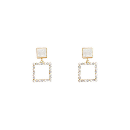 Double Square Drop Dangle Earrings Simulated Pearl Crystal Rhinestone Simple American Personality Earrings Jewelry