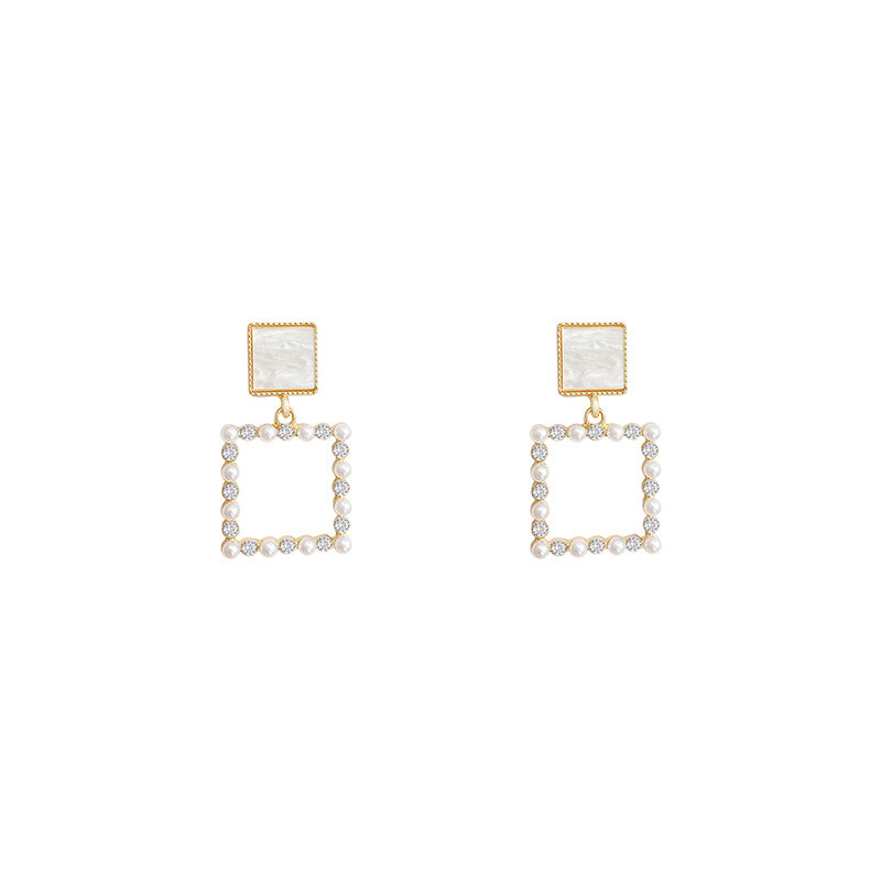 Double Square Drop Dangle Earrings Simulated Pearl Crystal Rhinestone Simple American Personality Earrings Jewelry