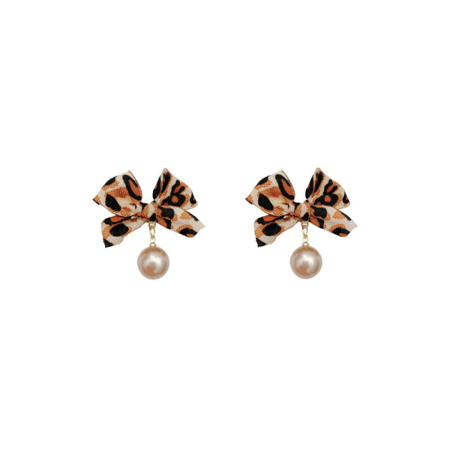 Winter Promotion Leopard Print Cloth Bow Pearl Drop Earrings For Women Fashion Jewelry
