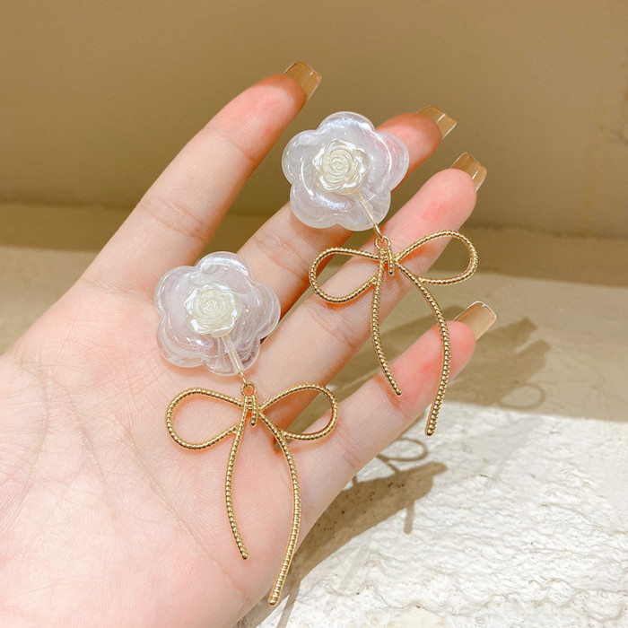 Sweet Jewelry White Resin Flower Earrings Pretty Design Celebration Gifts Bow Drop Earrings For Girl