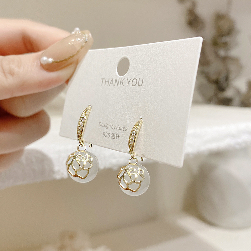 Korean New Trendy Opal Rose Ear Hook Jewelry for Women Fashion Dangle Earrings Female Delicate Elegant Retro Drop Gifts