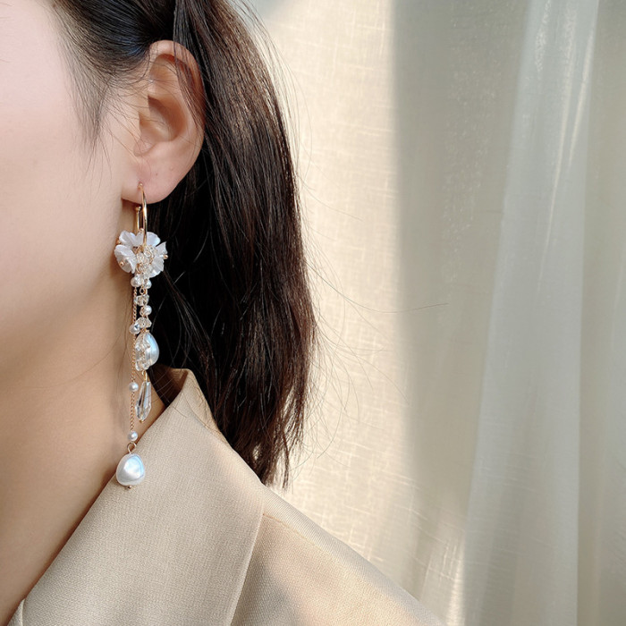 Delicate Jewelry Flower Long Tassel Earrings Pretty Design Simulated Pearl Drop Earrings for Sweet Jewelry Women