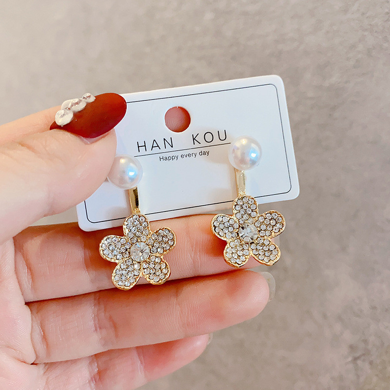 Korean Delicate Micro Paved Zircon Flower Drop Earrings For Women Girls Elegant Pearl Back Hanging Pendientes Jewelry