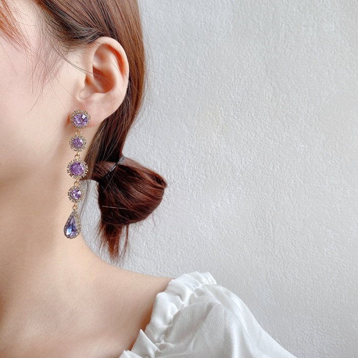 Female Crystal Water Drop Stone Dangle Earrings Gold Wedding Royal Purple Zircon Long Drop Earrings For Women