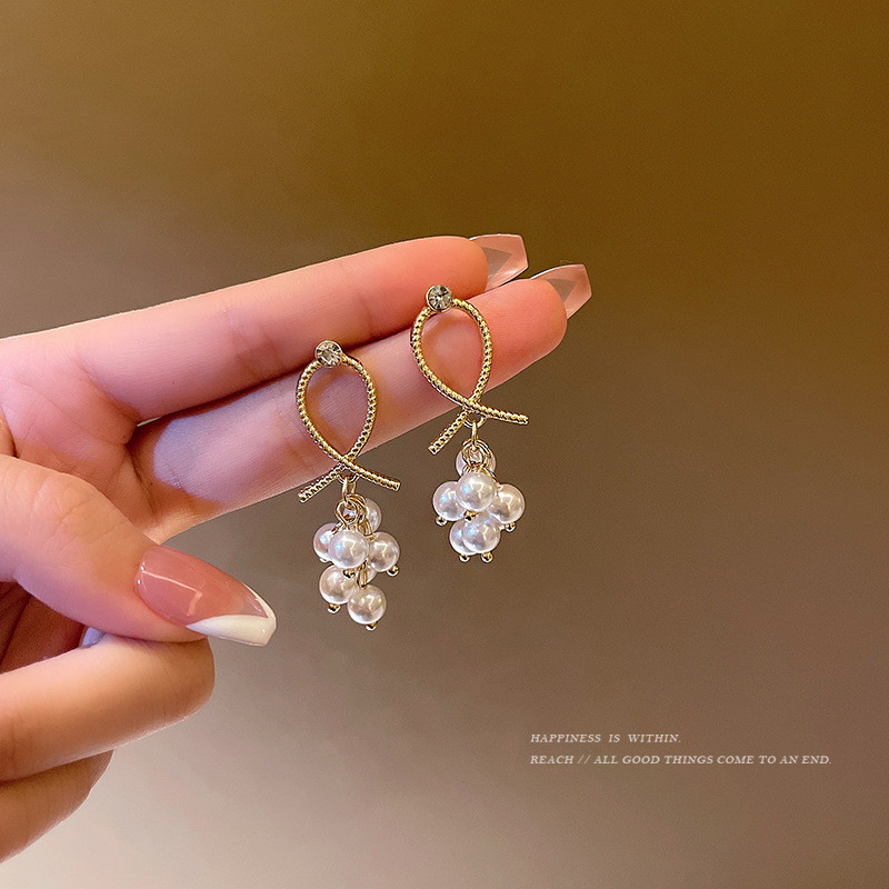 Korean New Manual Beaded Big Small Simulated Pearl Grape Shape Long Drop Dangle Earrings For Women Fashion Ear Accessories