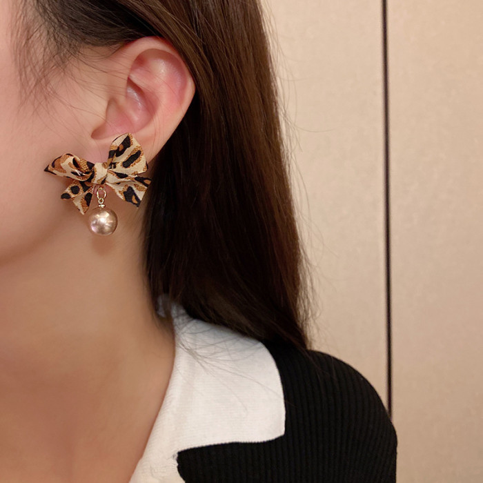 Winter Promotion Leopard Print Cloth Bow Pearl Drop Earrings For Women Fashion Jewelry
