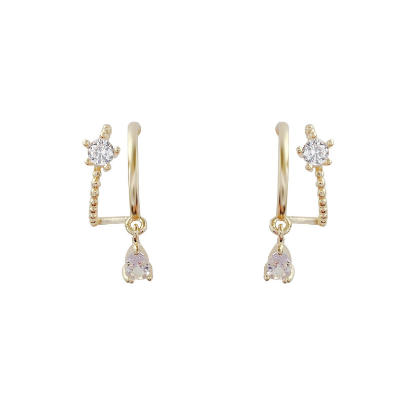 Gold Color Earrings  Water Drop CZ Stone Pierced Dangle Earrings  Double Circle Fashion Jewelry