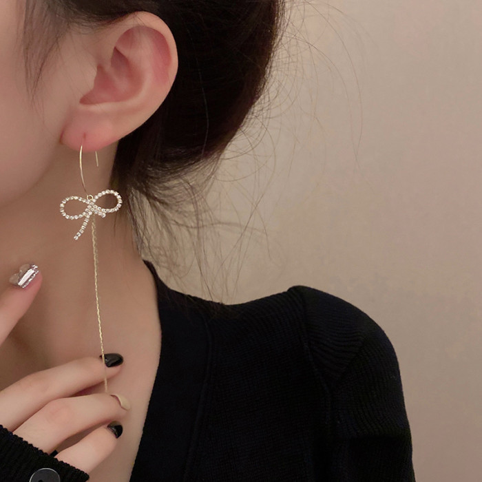 Fairy Full Diamond Bow Tassel Ear Hooks Drop Women Earrings Long Trendy Fashion Trend Jewelry