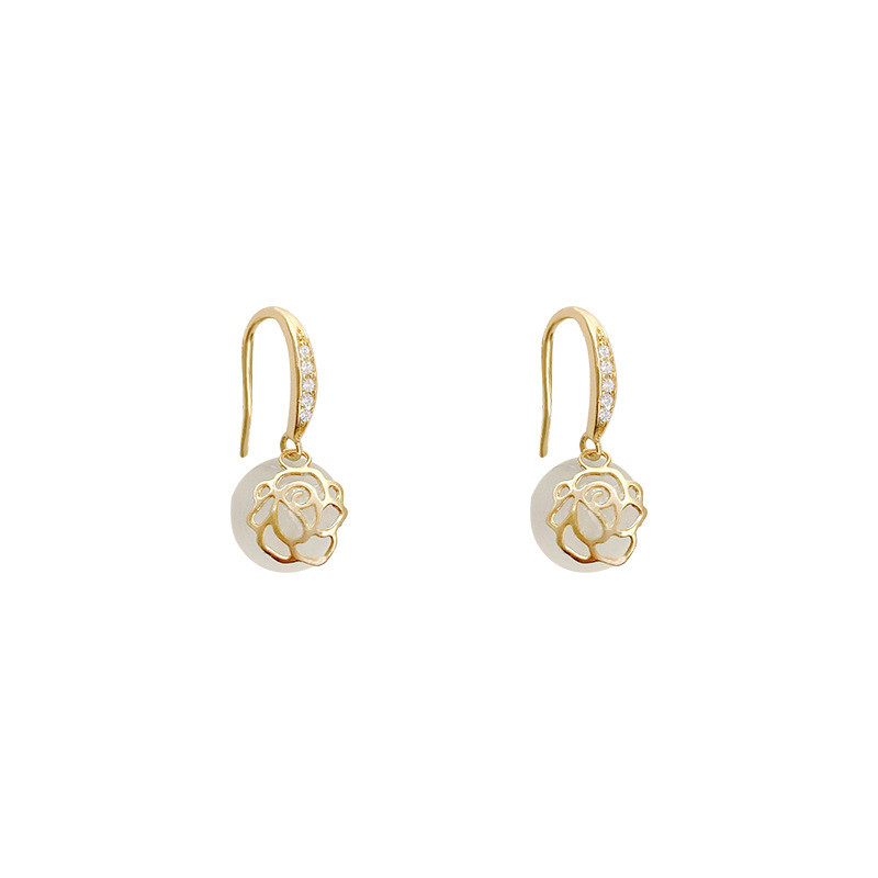 Korean New Trendy Opal Rose Ear Hook Jewelry for Women Fashion Dangle Earrings Female Delicate Elegant Retro Drop Gifts