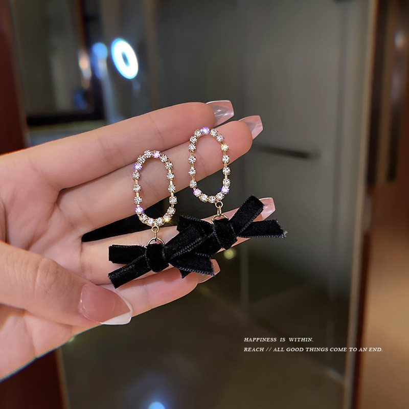 Luxury Contracted Pearl Velvet Bow Knot Drop Earrings Women Shiny Earring Inlaid Zircon Students Ear Stud Jewelry