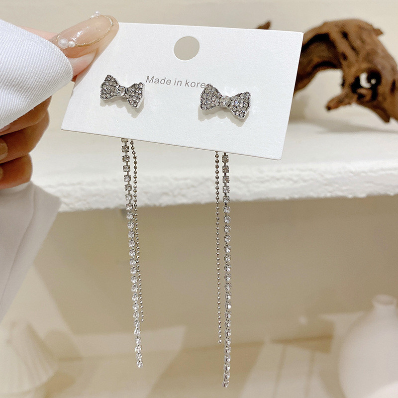 Zircon Bow Tassel Dangle Earrings Plated Crystal for Women Fashion Jewelry Wedding Drop Earrings Accessorie