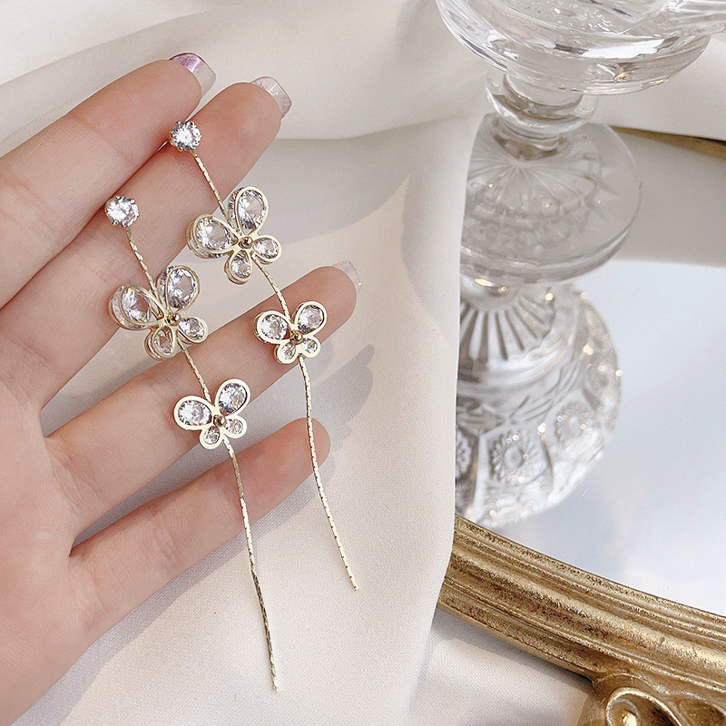 Silver Color Elegant Double Butterfly Long Tassel Drop Earring For Women Zircon Earrings Jewelry Gifts Wholesale