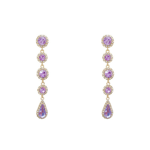 Female Crystal Water Drop Stone Dangle Earrings Gold Wedding Royal Purple Zircon Long Drop Earrings For Women