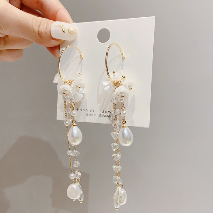 Delicate Jewelry Flower Long Tassel Earrings Pretty Design Simulated Pearl Drop Earrings for Sweet Jewelry Women