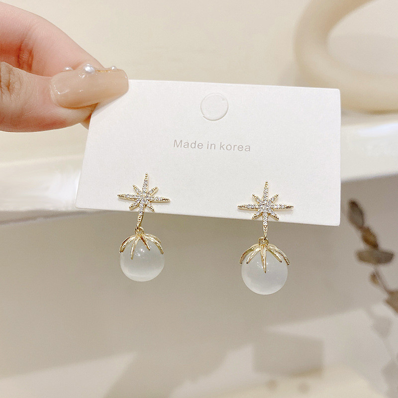 Female Simple Luxury Zircon Eight Awn Star Earrings Opal Round Bead Earrings
