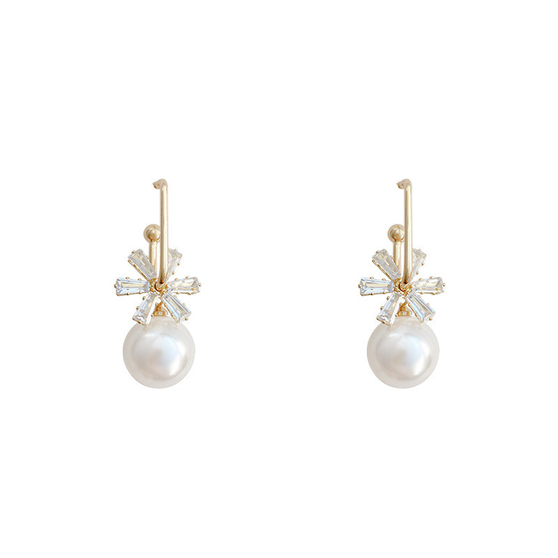 Korea Fashion Round Simulated Pearls Snowflake Drop Earrings for Elegant Women Bridal Zirconia Wedding Jewelry